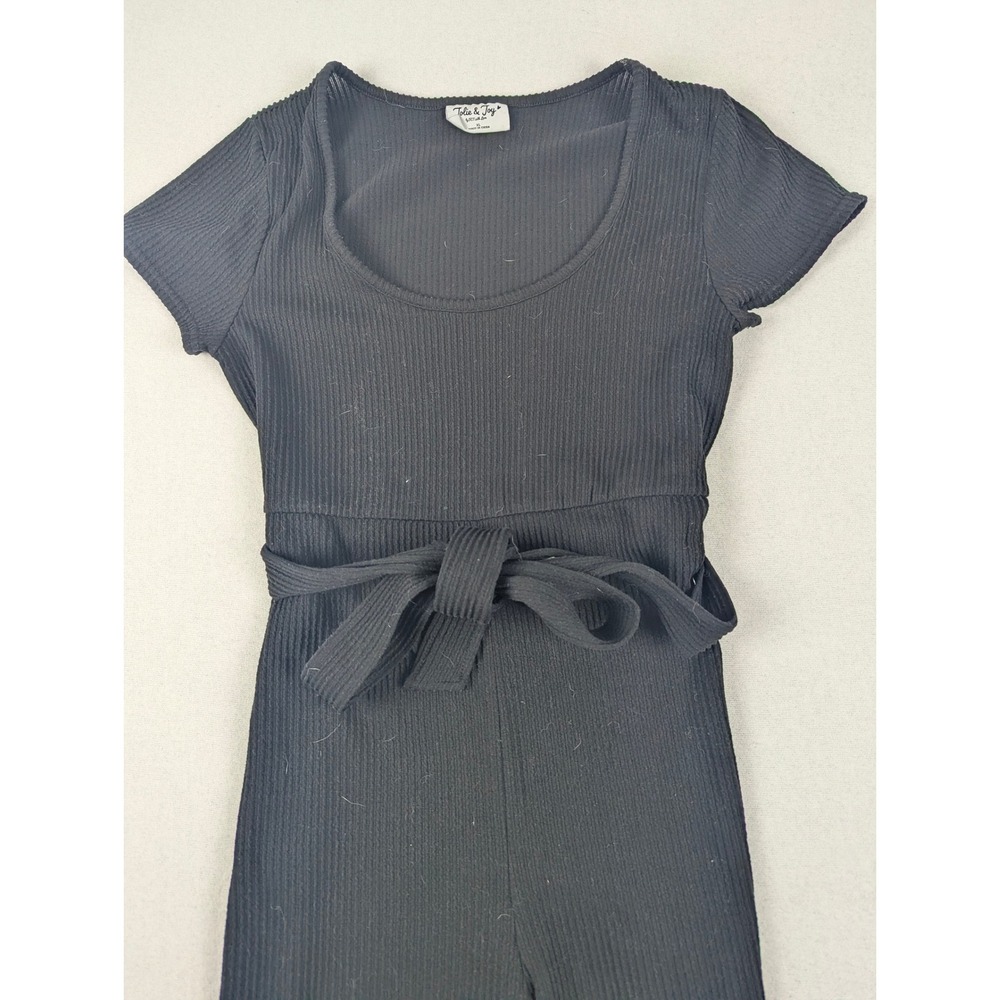 Jolie & Joy Womens Ribbed Short Sleeve Wide Leg Belted Jumpsuit Black Medium